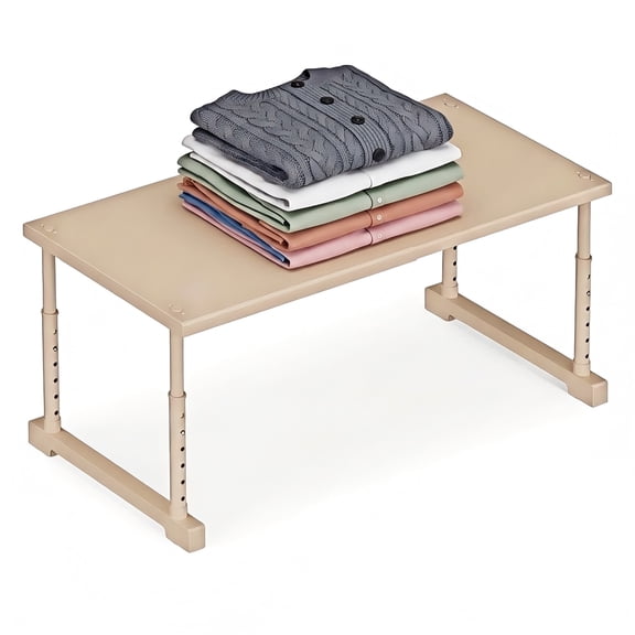 Expandable Closet Shelf Organizer, Adjustable Width & Height Carbon‑Steel Storage Shelf, Stackable Countertop Rack for Wardrobe, Kitchen, Bathroom, Cream White