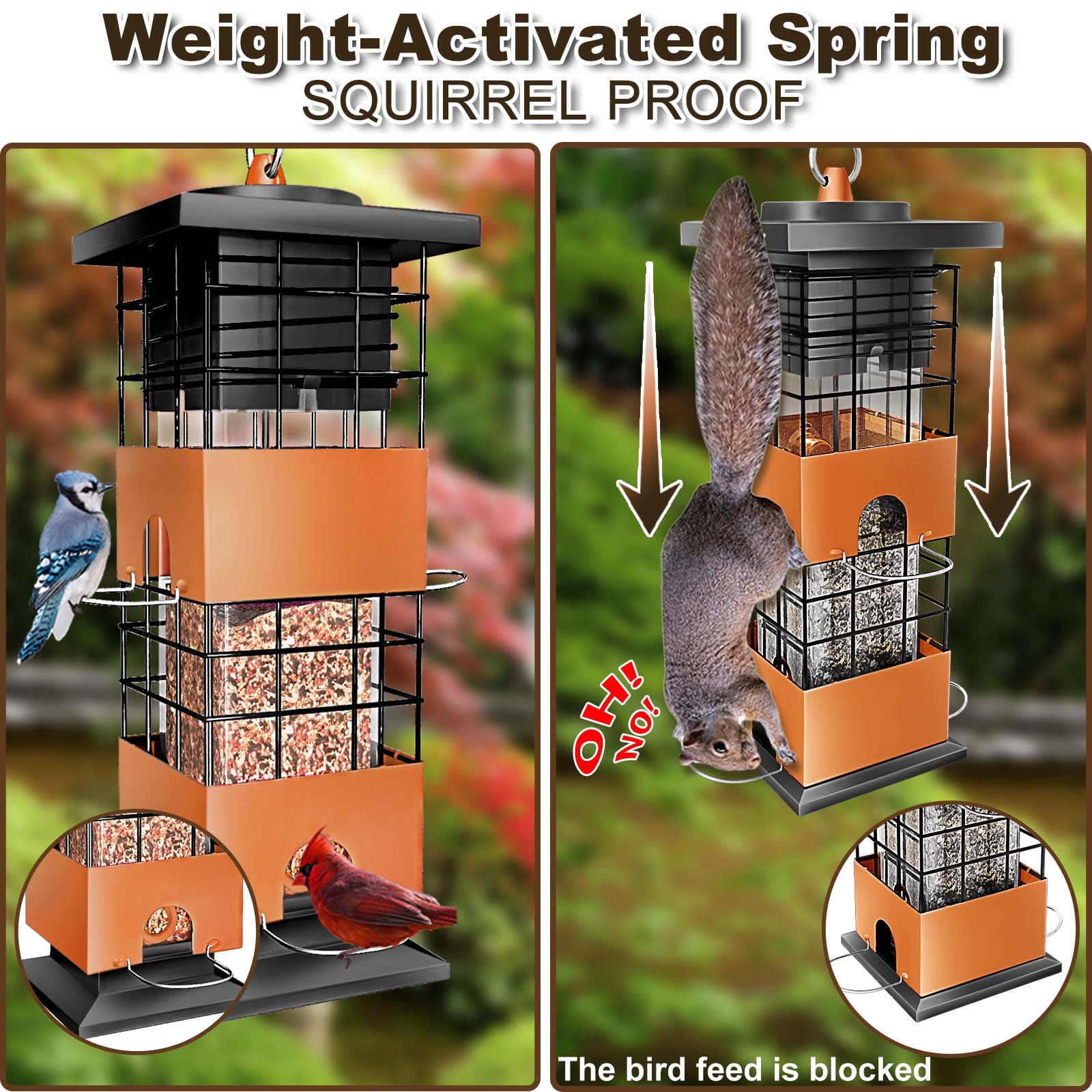 Squirrel Proof Bird Feeder, Metal Bird Feeders for Outdoors Hanging, 3lb Gravity Protection Squirrel Proof Wild Birds Seed Feeders for Finch Cardinal Blue Jay Outside