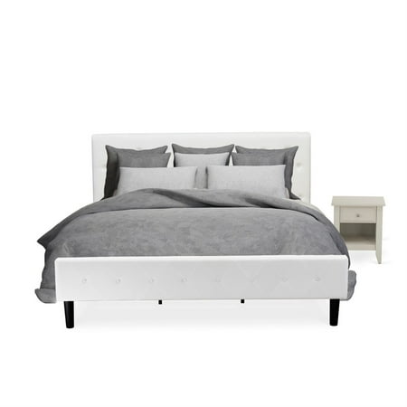 NL19K-1GA0C 2 Piece Bedroom Set - Button Tufted Bed Frame - White Velvet Fabric Upholstered Headboard and a Wire Brushed Butter Cream Finish Nightstand