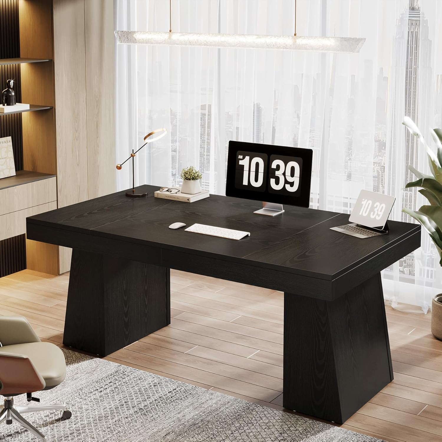 Finmind Large Wood Executive Desk, 55" Rectangle Office Desk with Double Pedestal, Modern Minimalist Computer Desk Workstations Conference Table Furniture for Home Office(Black)