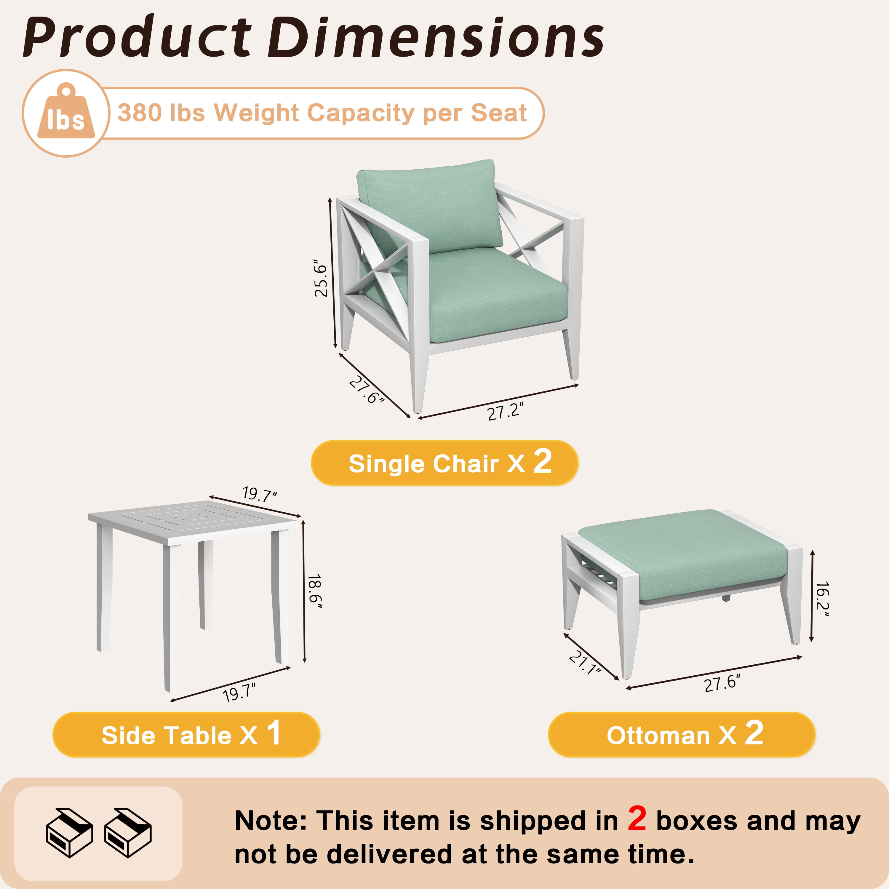 JXXM 5-Piece Outdoor Patio Set with Ottomans, Aluminum Frame Chairs with 5.2" Thick Cushions, Wide Seat Conversation Set with Side Table for Porch, Deck, Backyard