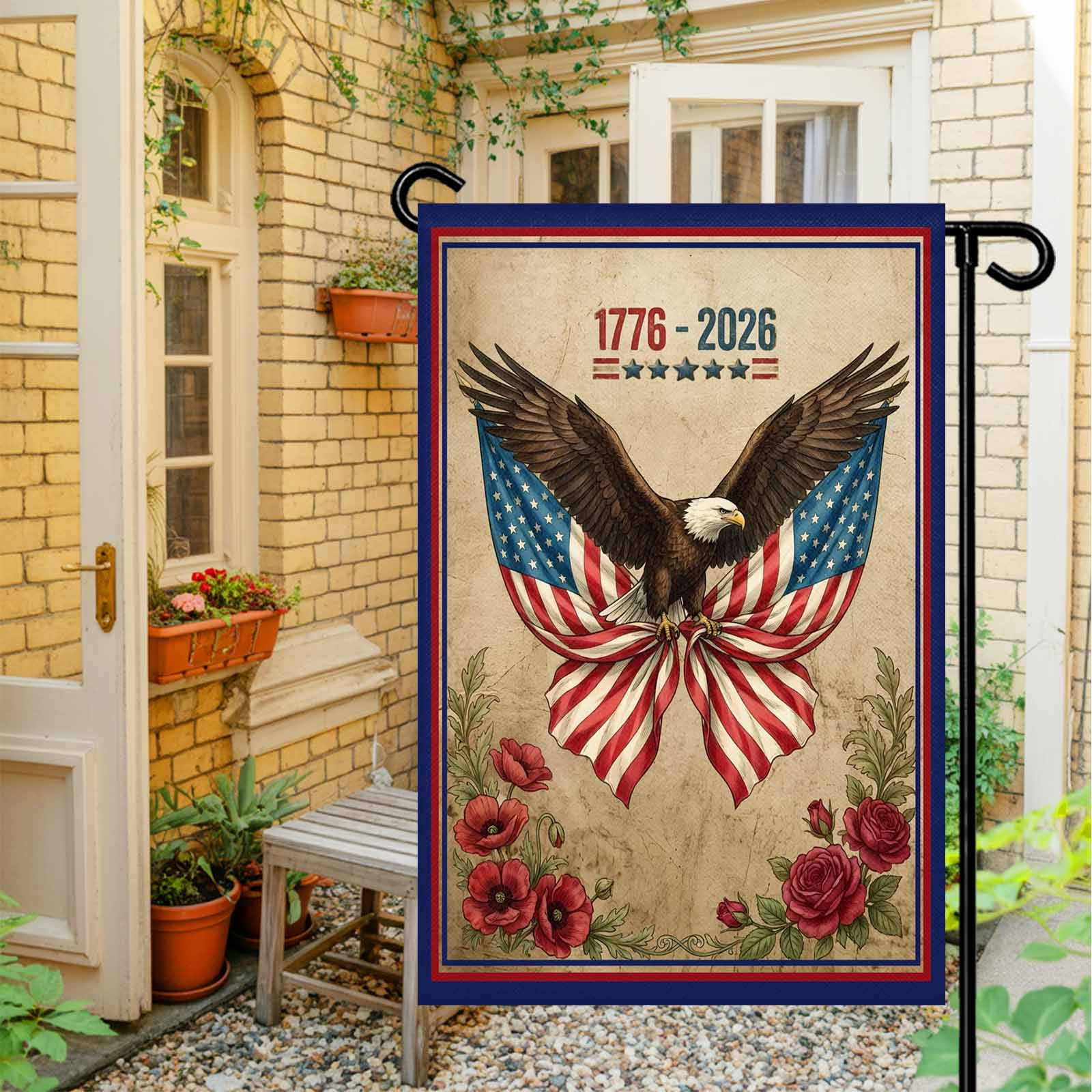 4th of July Garden Flags Majestic Bald Eagle Garden Flag Double Sided Welcome Flag Patriotic USA Flag Roses Independence Day Yard Flags for Outdoor Lawn Porch Memorial Day Holiday Decor 28x40 Inch