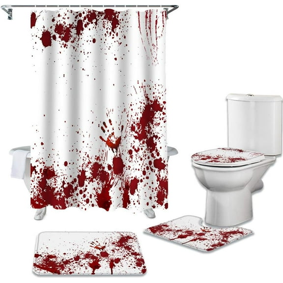 Shower Curtain Set with Bathroom Rugs Halloween Theme Horrible Bloody Fingerprint Bloodstain Bathroom Rugs Set 4 Piece,Non-Slip Rugs,Toilet Lid Cover and Bath Mat,Waterproof Shower Curtain for Tub