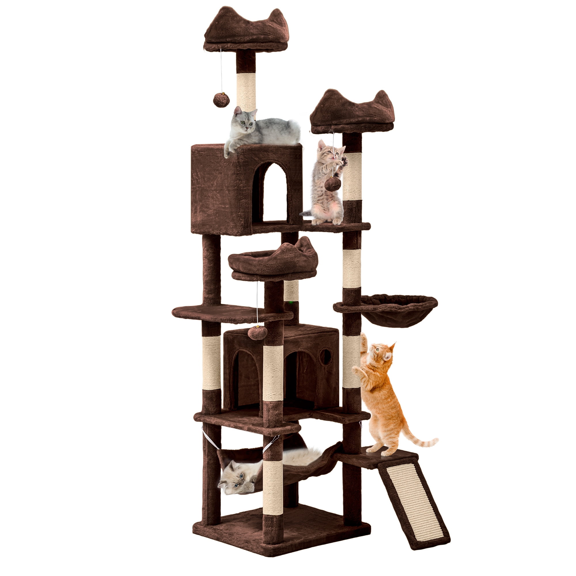 Uforic 75 Inch Multi-Level Cat Tree Tower with 2 Cat Condos, Hammocks, Sisal Scratching Posts & Fluffy Teaser Balls, Brown