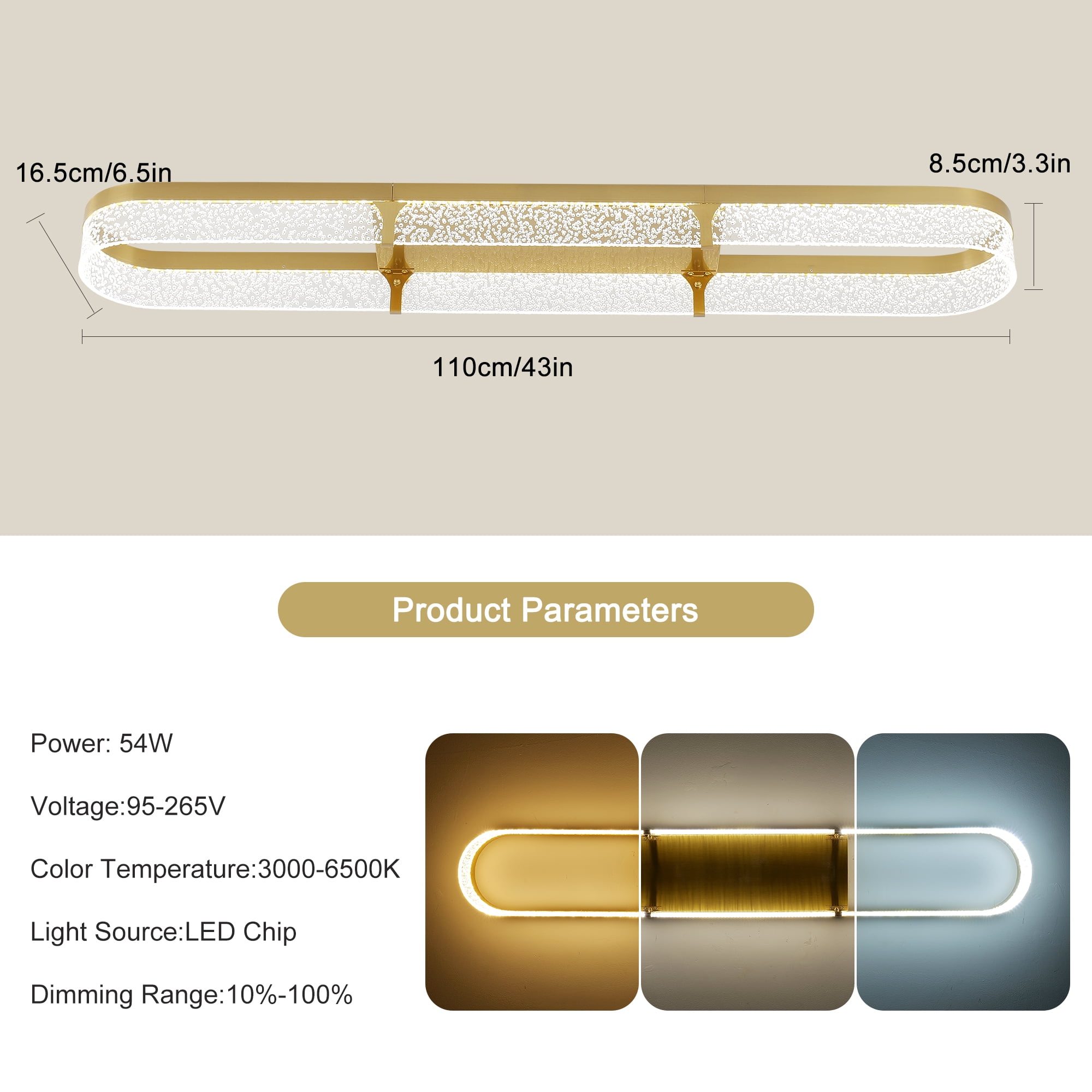 Garwarm 43.31 in. 48W Gold Modern LED Ceiling Light, Dimmable Rectangular Flush Mount Ceiling Light with Remote Control, Black Bubble Light Fixture for Bedroom Kitchen