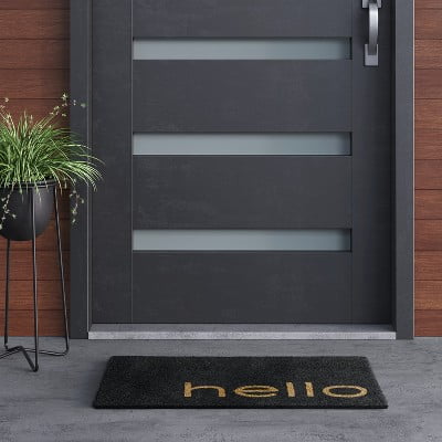 1'6"x2'6"/18"x30" Hello Coir Doormat Black - Outdoor Front Door Mat, Modern Typography, Medium Pile