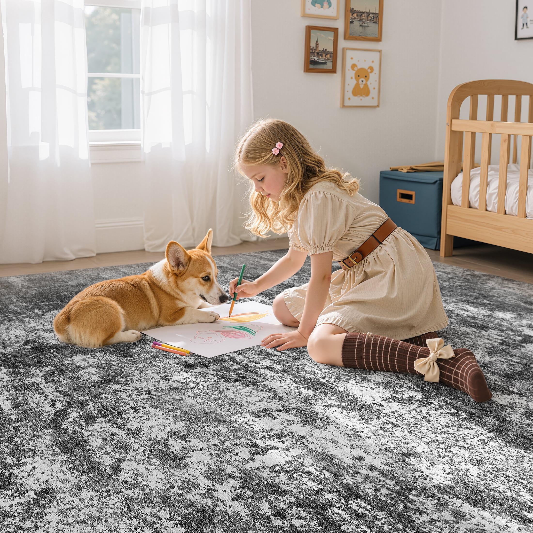 MICGEEK 8x10 Washable Area Rugs for Living Room, Modern Abstract Printed Rug, Vacuum-Friendly, Non Slip Indoor Rug for Bedroom Dining Room Home Decor Carpet, Dark Gray