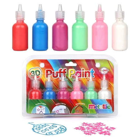 Playkidiz 3-D Art Metallic Puff Paint For Kids, 6 Pack Color Pack Squeeze Paint, Non Toxic Puff Paint Set, Washable Fabric Paint, Classic Colors, Ages 3 .