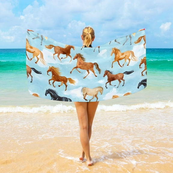 Ryvnso Running Horse Blue Beach Towel Quick Dry Swimming Yoga Beach Towels Large Sand Free Microfiber Towel 31"W x 71"L