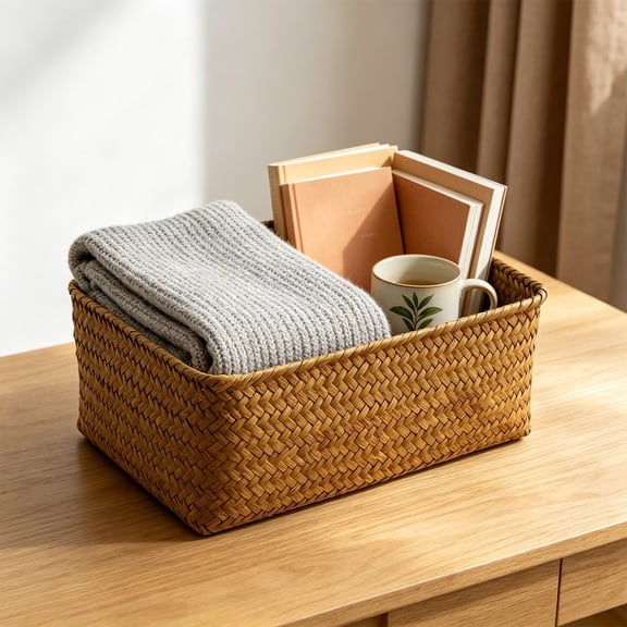 Woven Storage Basket Desktop Clutter Organizer 23x17x10cm, Handwoven Natural Wicker Basket for Bathroom Entryway, Multi Purpose Storage Box for Small Items and Home Organization