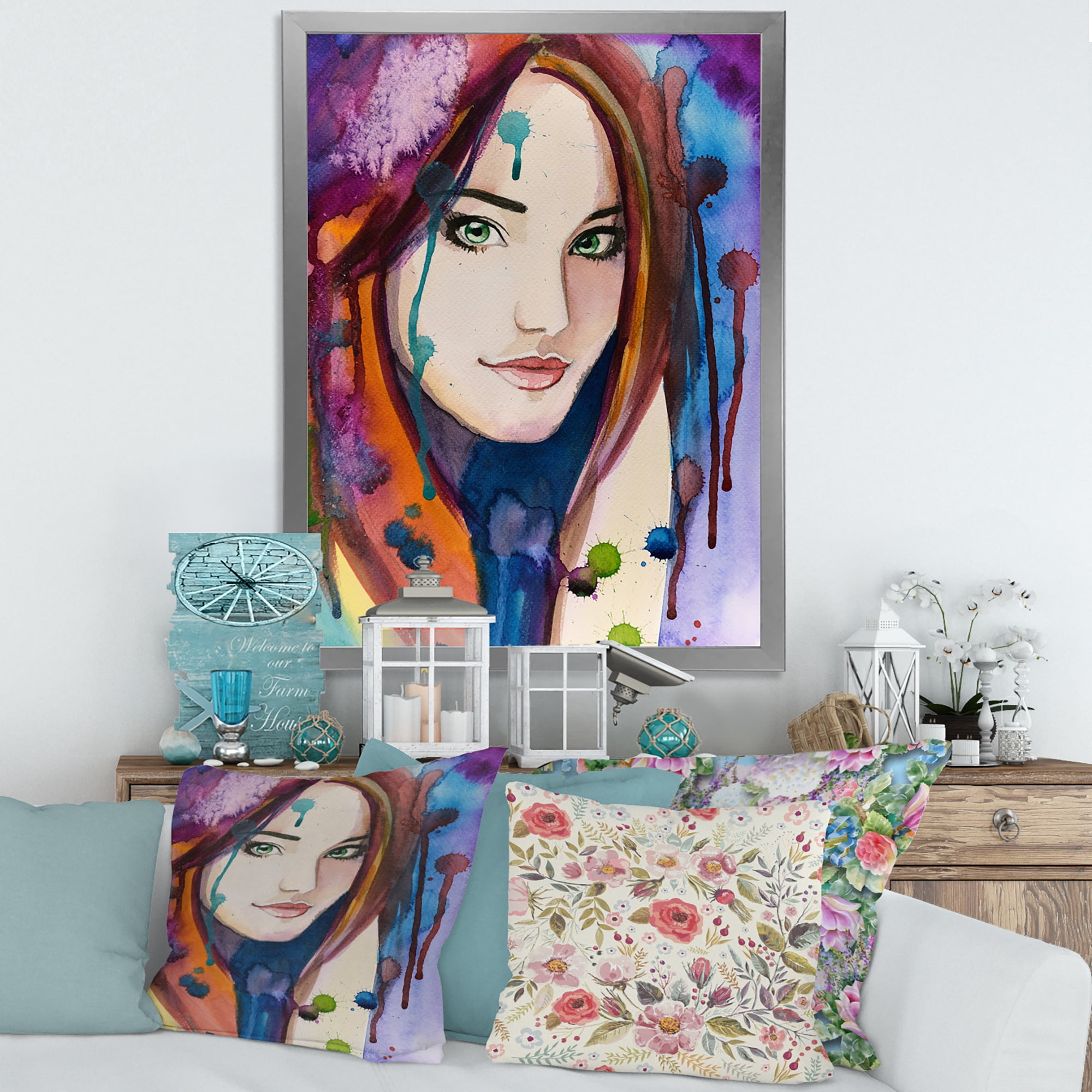 Designart 'Colorful Portrait Of Green Eyes Young Woman' Traditional Framed Art Print
