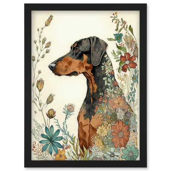 Doberman Dog with Spring Flowers Colourful Watercolour Illustration Artwork Framed Wall Art Print A4