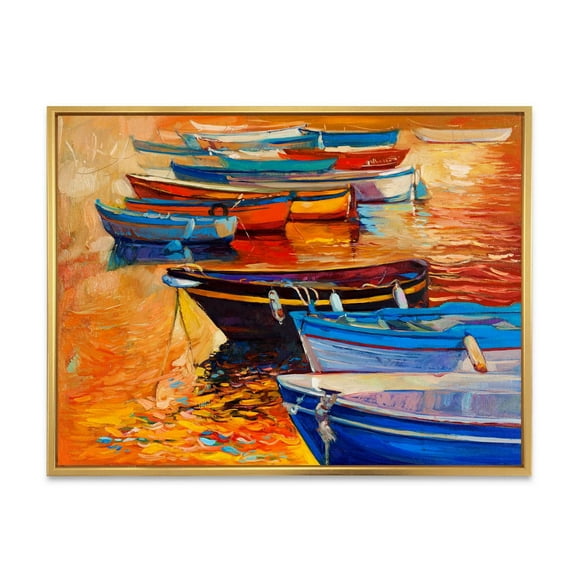 Designart Boats In The Harbor During Warm Colourd Sunset I FLOAT FRAME WALL ART