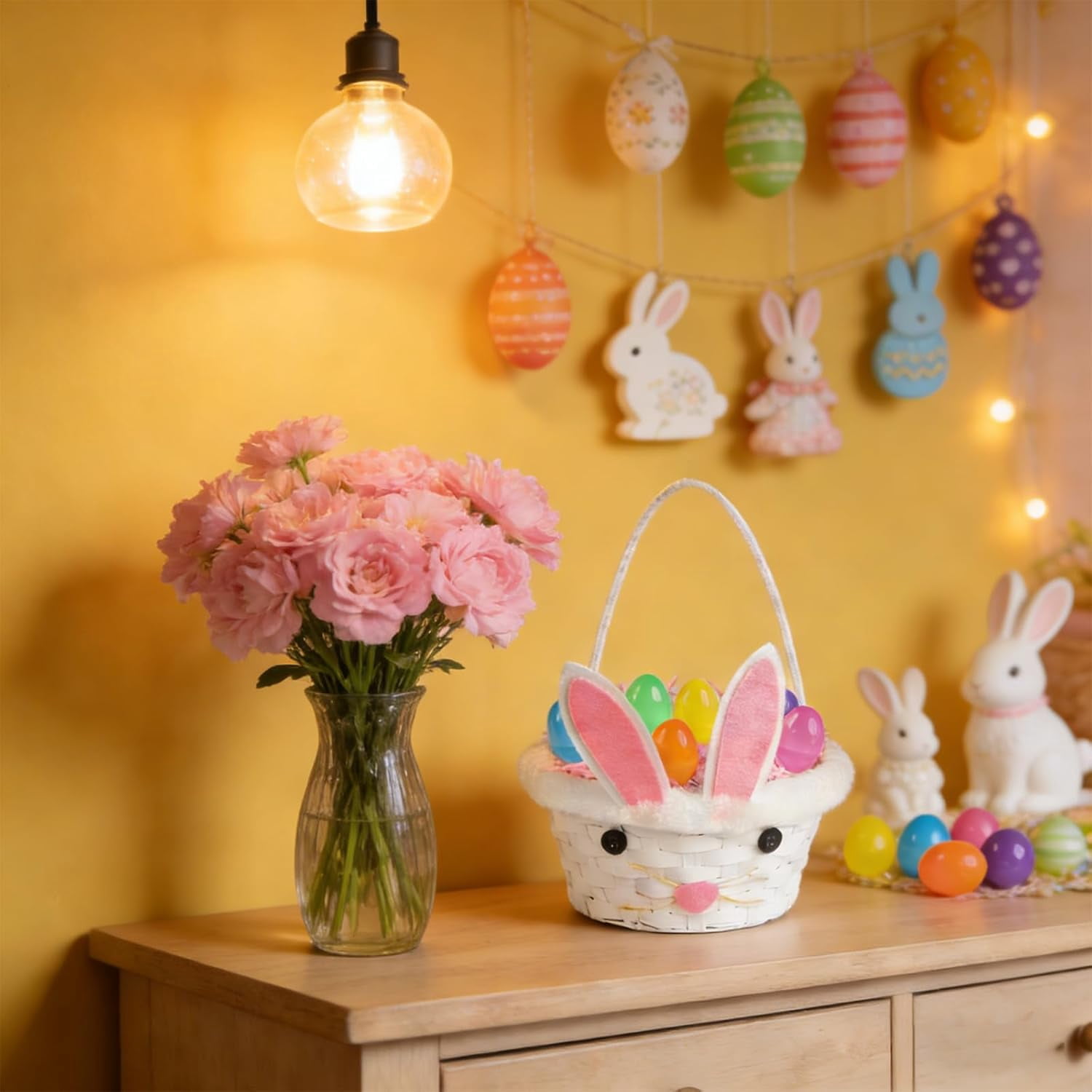 4 Sets Easter Bunny Ear Woven Baskets Set, Easter Eggs Hunting Bucket Wicker with 4 Colors Grass Paper Filler & 20PCS Empty Eggs, Large Candy Wicker Storage Basket with Handle for Party Favor Picnic