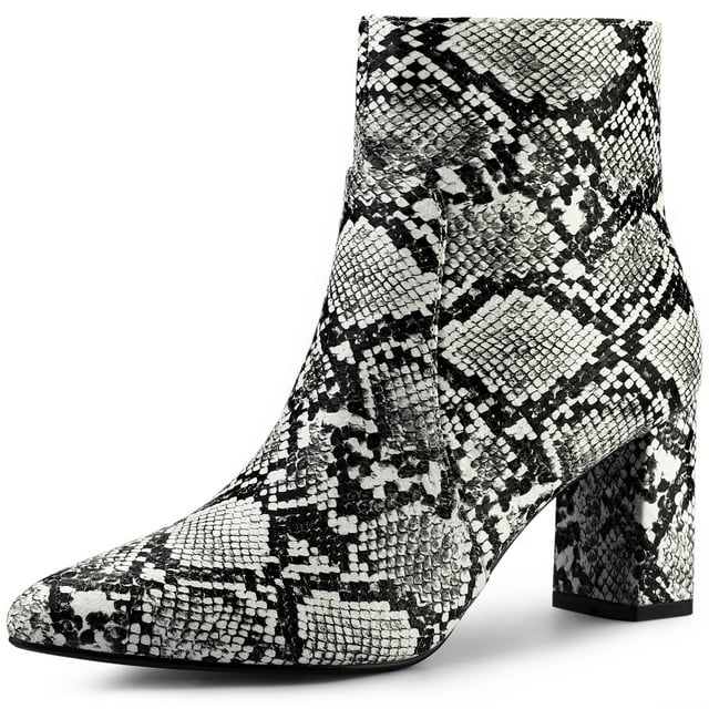 Unique Bargains Women's Pointed Toe Snake Print Chunky Heel Ankle Boots