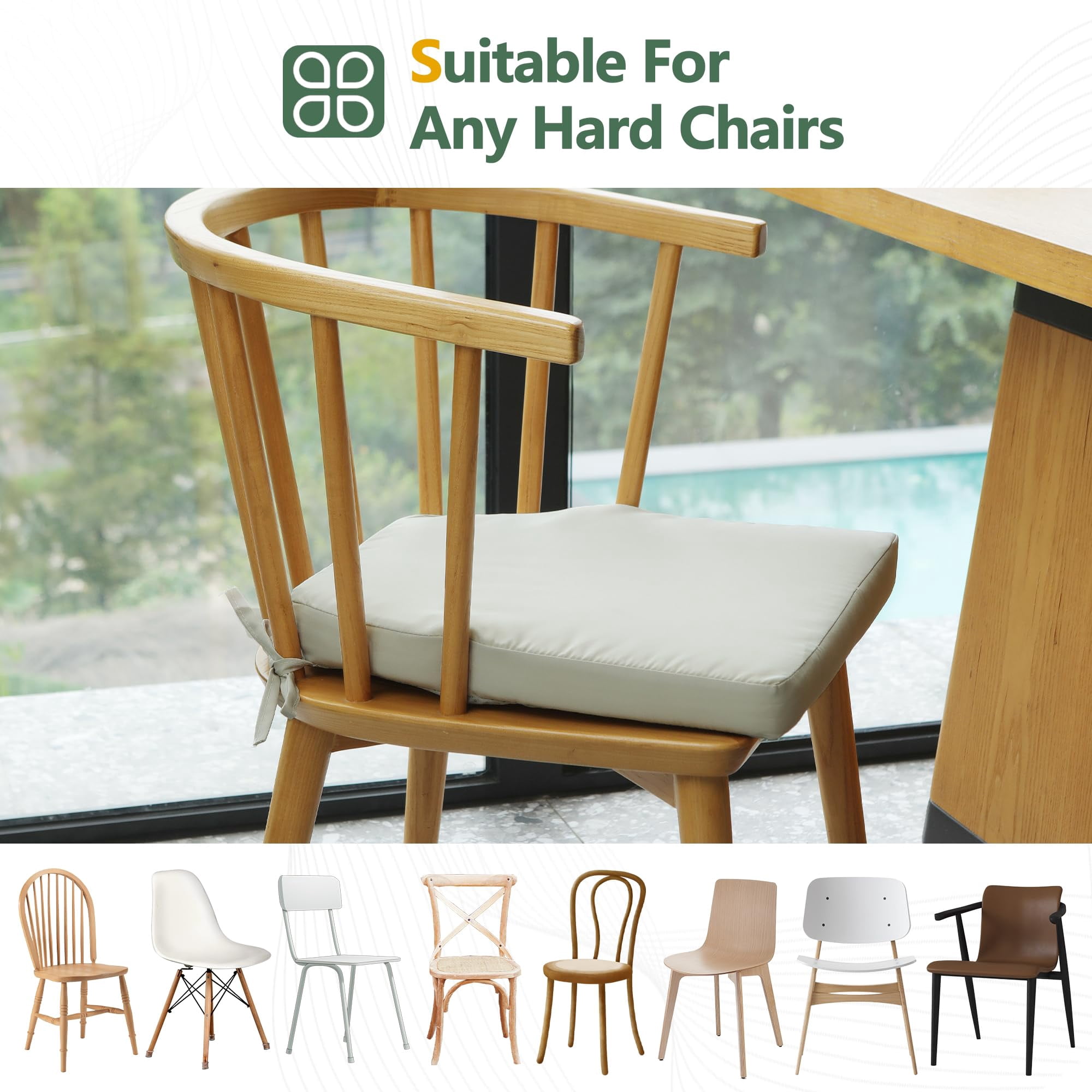 Chair Cushions for Dining Chairs Set of 2, D-Shaped 17" x 16" Memory Foam Seat Cushions, 2" Thick Olefin Kitchen Chair Pads with Ties & Non-Slip Backing, Beige