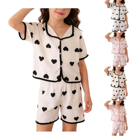 Bixock Toddler Girls 2 Piece Loungewear Set Summer Outfits Heart Print Short Sleeve Round Neck Tops and Shorts Silk Sleepwear for Girls Age 1-11Y Lightweight Soft Set
