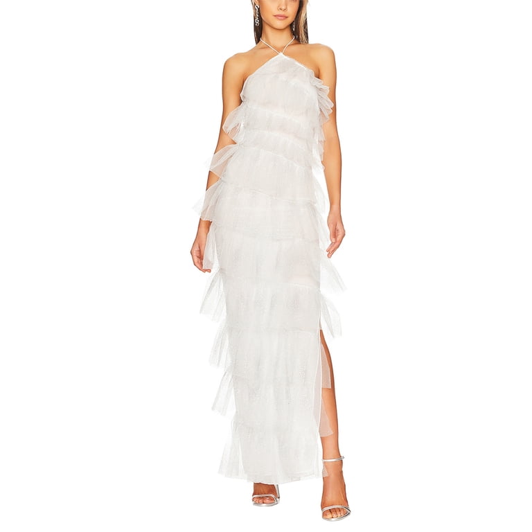 Women Ruffle Layered Mesh Tulle Dress Spaghetti Strap Backless Slit Long  Dress Sexy Tiered Sheer Cocktail Party Dress - Walmart.com