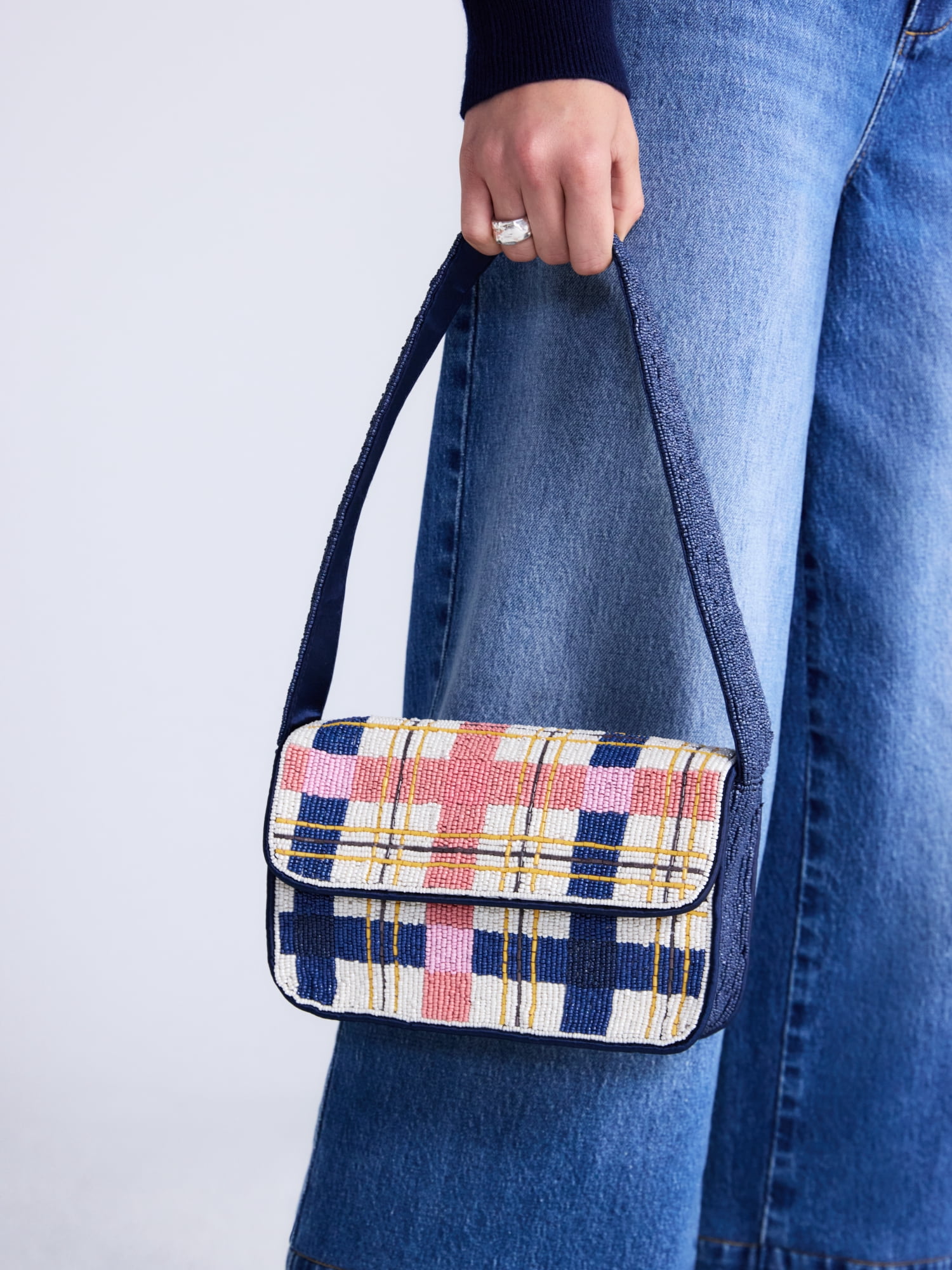 Free Assembly Women's Beaded Plaid Shoulder Bag, Multi