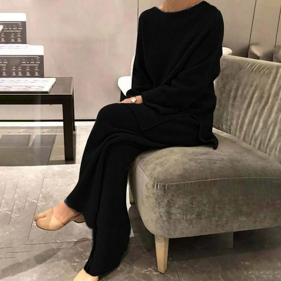 Simua Womens Two Piece Ribbed Outfits Lounge Sets Cozy Side Split Sweater and Wide Leg Pants Home Wear