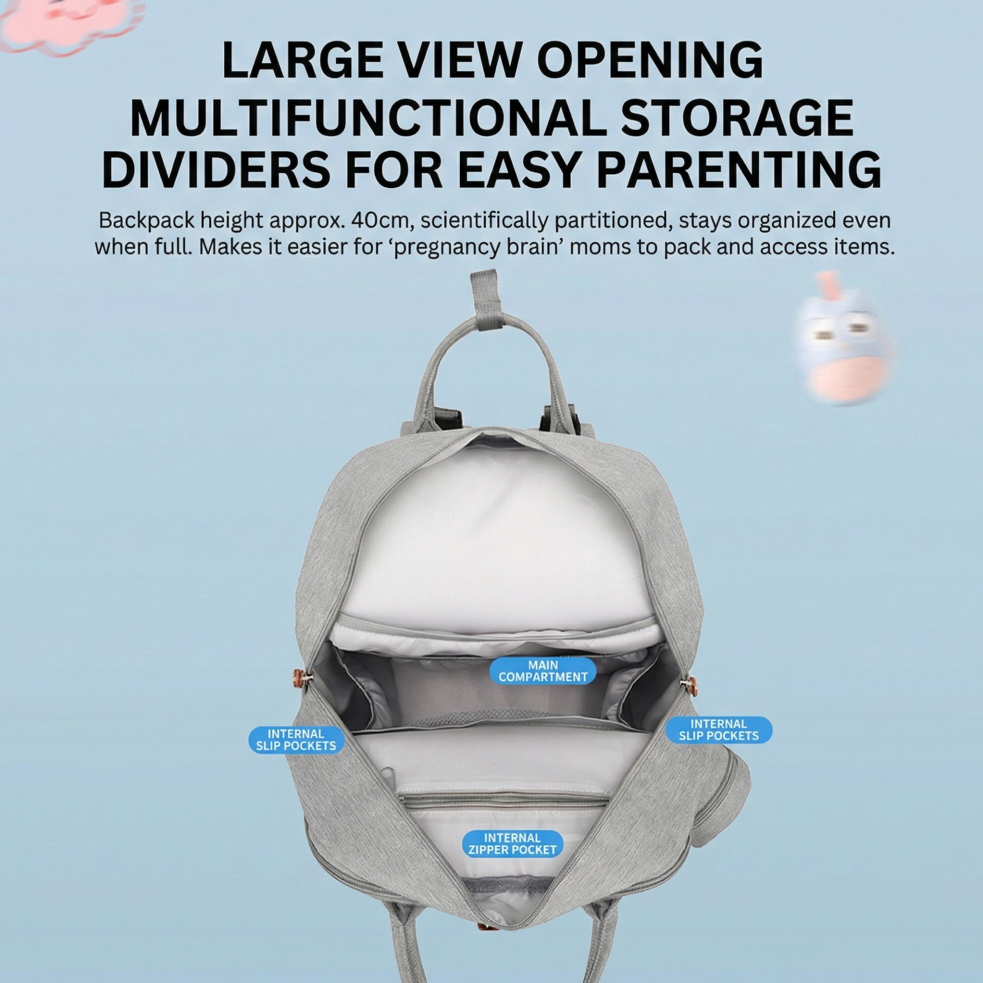 Baby diaper bag, with changing pad, multi-functional baby diaper bag, portable diaper bag, diaper bag storage bag, with insulated bottle bag, suitable for both boys and girls, gray.
