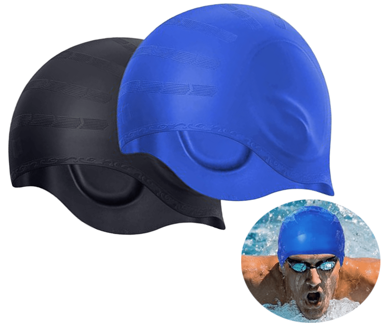 PWFE Silicone Swim Cap,Ear Protection 3D Waterproof Bathing Solid Swimming for Adult(Black+Blue
