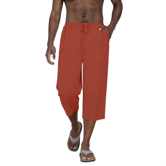 Men's Capri Shorts 3/5 Relaxed Fit Mens Running Shorts Solid Color A Linen Loose-Fitting Casual Pants Trousers