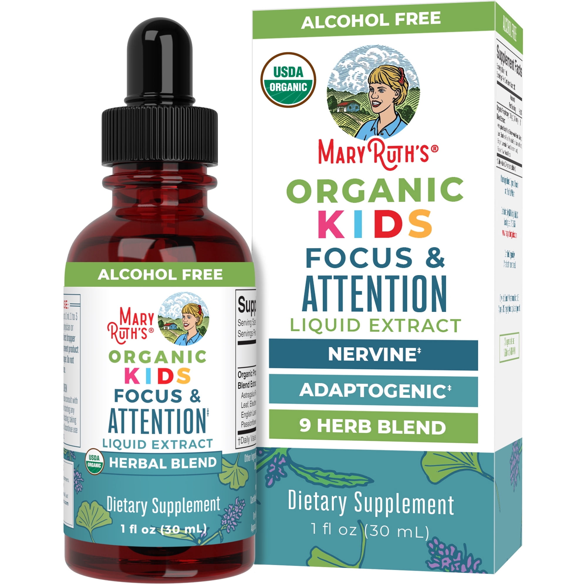 MaryRuth's Kids Focus & Attention Liquid Drops, USDA Organic Herbal Supplement, Ginkgo Biloba, Rhodiola Root, Vegan, Non-GMO, Unisex, 1 fl oz