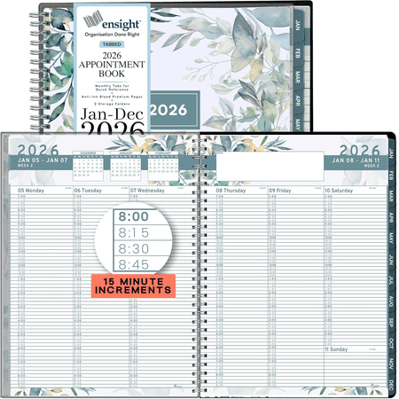 Ensight 2026 Appointment Book and Planner 8.5" x 11" Large Hourly Weekly Daily Schedule Planner with Tabs, 15 Minute Time Slots, Floral Calendar Organizer Jan 2026 – Dec 2026 Appointment Book - Flora