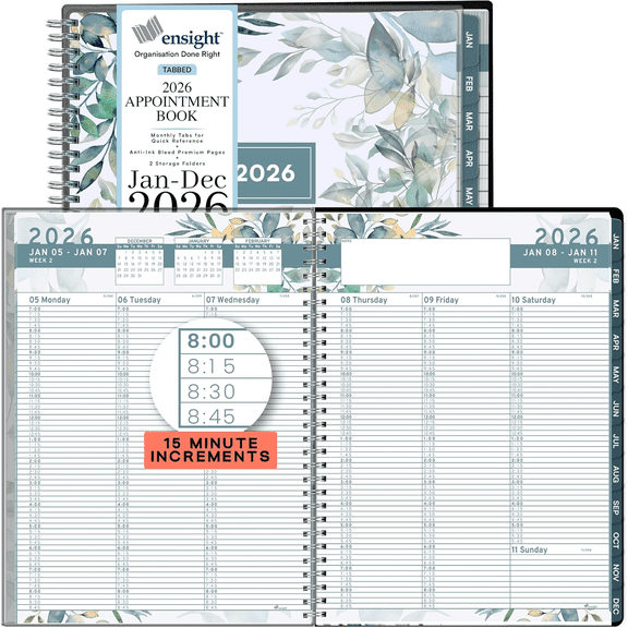 Ensight 2026 Appointment Book and Planner 8.5" x 11" Large Hourly Weekly Daily Schedule Planner with Tabs, 15 Minute Time Slots, Floral Calendar Organizer Jan 2026 Dec 2026 Appointment Book - Flora