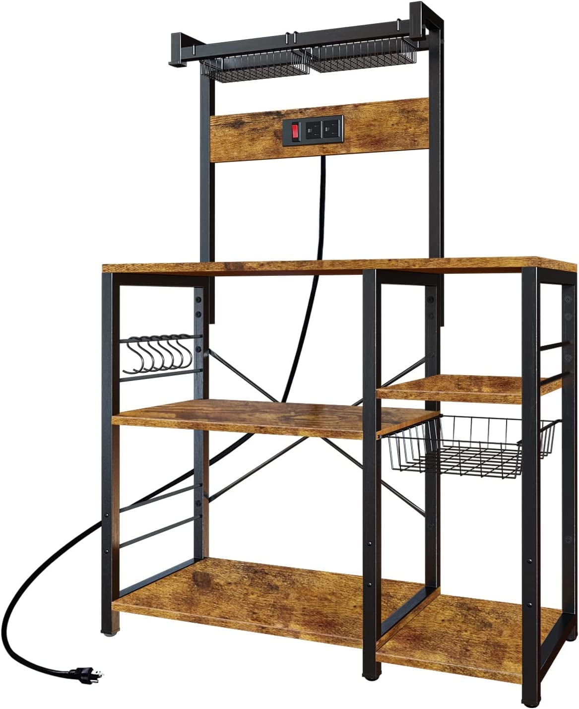  NETEL Bread Rack Coffee Station Microwaves Rack Storage Rack,  5 Tier Kitchen Organizer Shelf for Dishes, Wine, Pots and Pans with 4 Hooks  Black and with of Brakeable Casters, 27.6