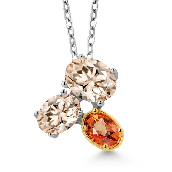 Gem Stone King 925 Silver and 10K Yellow Gold Peach Morganite and Orange Sapphire Pendant Necklace for Women (2.20 Cttw, Oval 8X6MM, 7X5MM and 6X4MM, Gemstone October Birthstone, with 18 inch Chain)