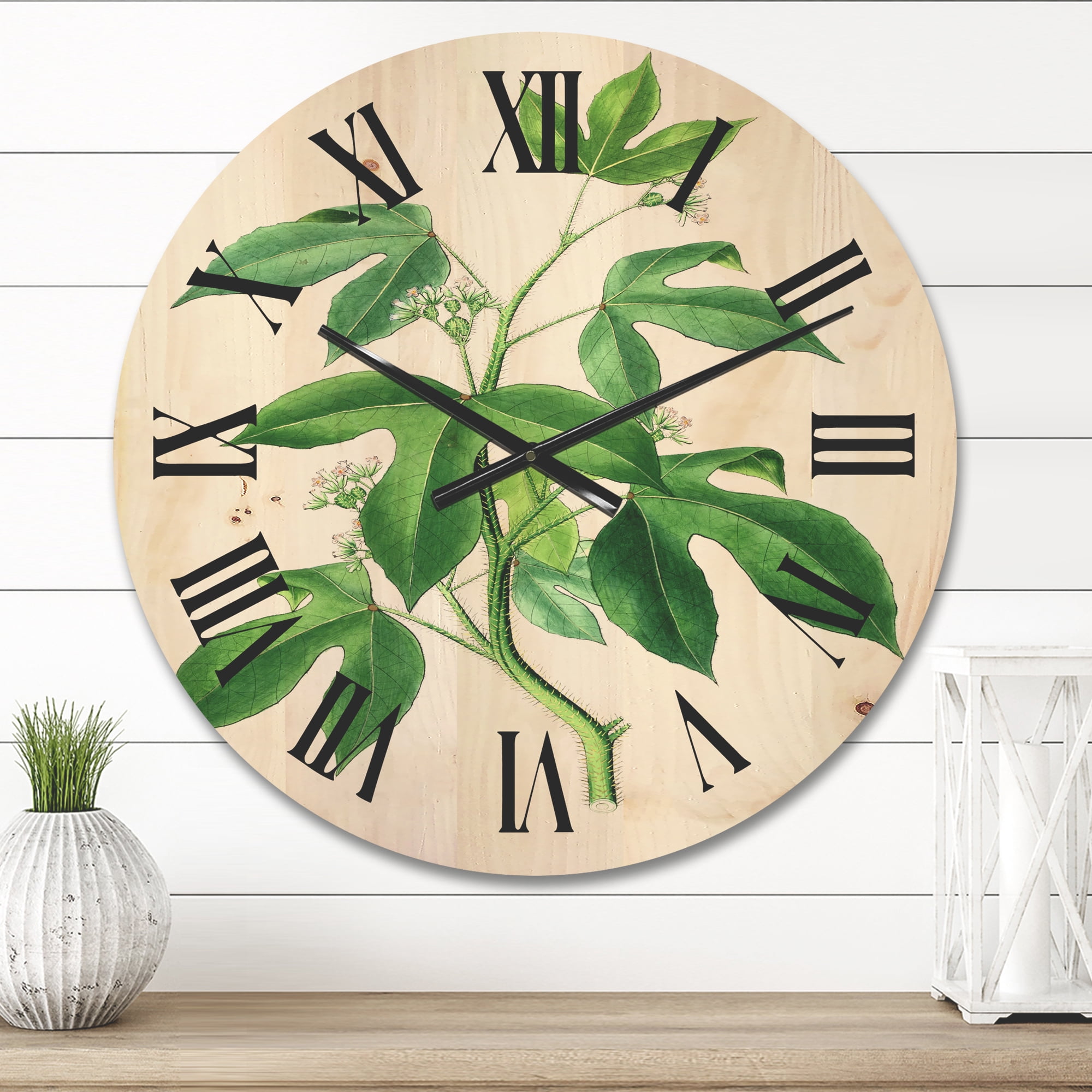 Designart 'Ancient Green Leaves Plants V' Traditional Wood Wall Clock