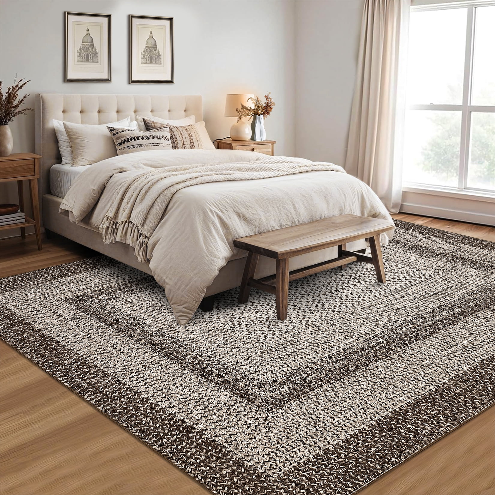 Garvee 6'x9' Printed Braided Rugs Farmhouse Bordered Carpet, Machine Washable Indoor Area Rug Non-Slip Low Pile Rugs for Living Room Bedroom Home Decor, Camel