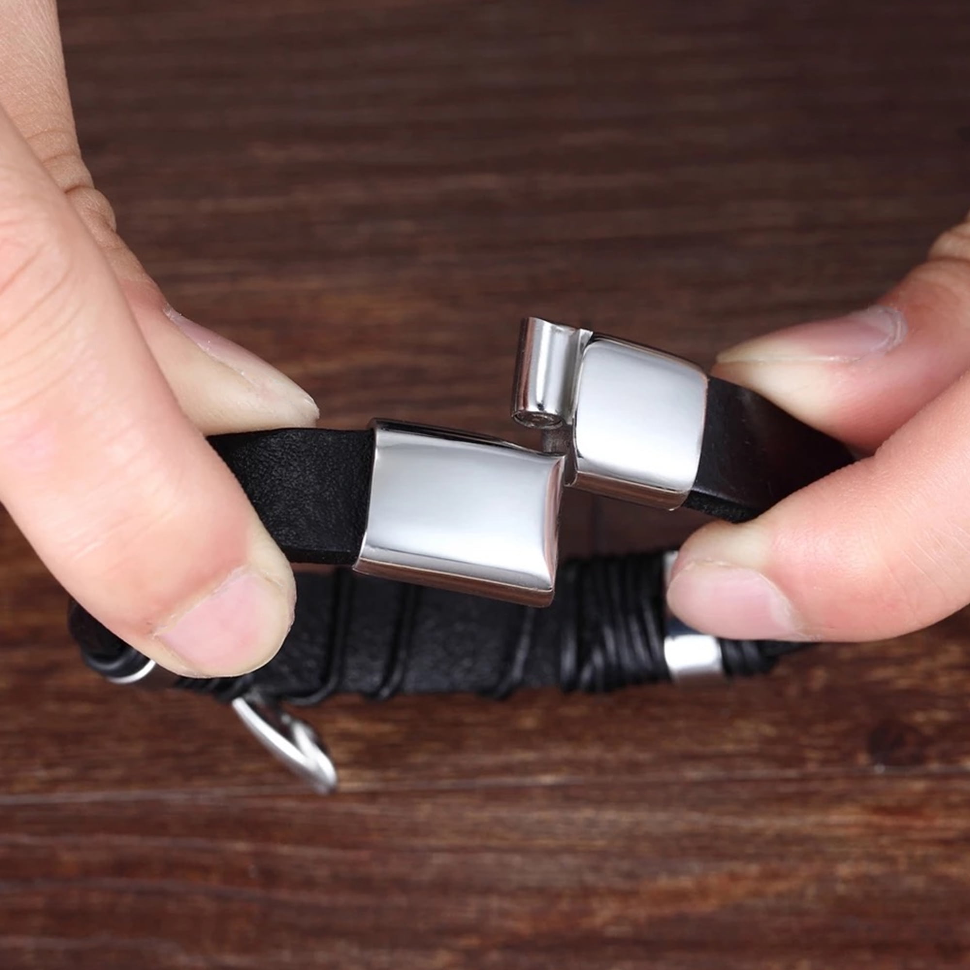 Mens Fashion Leather Bracelet with Stainless Steel Accents, Blue