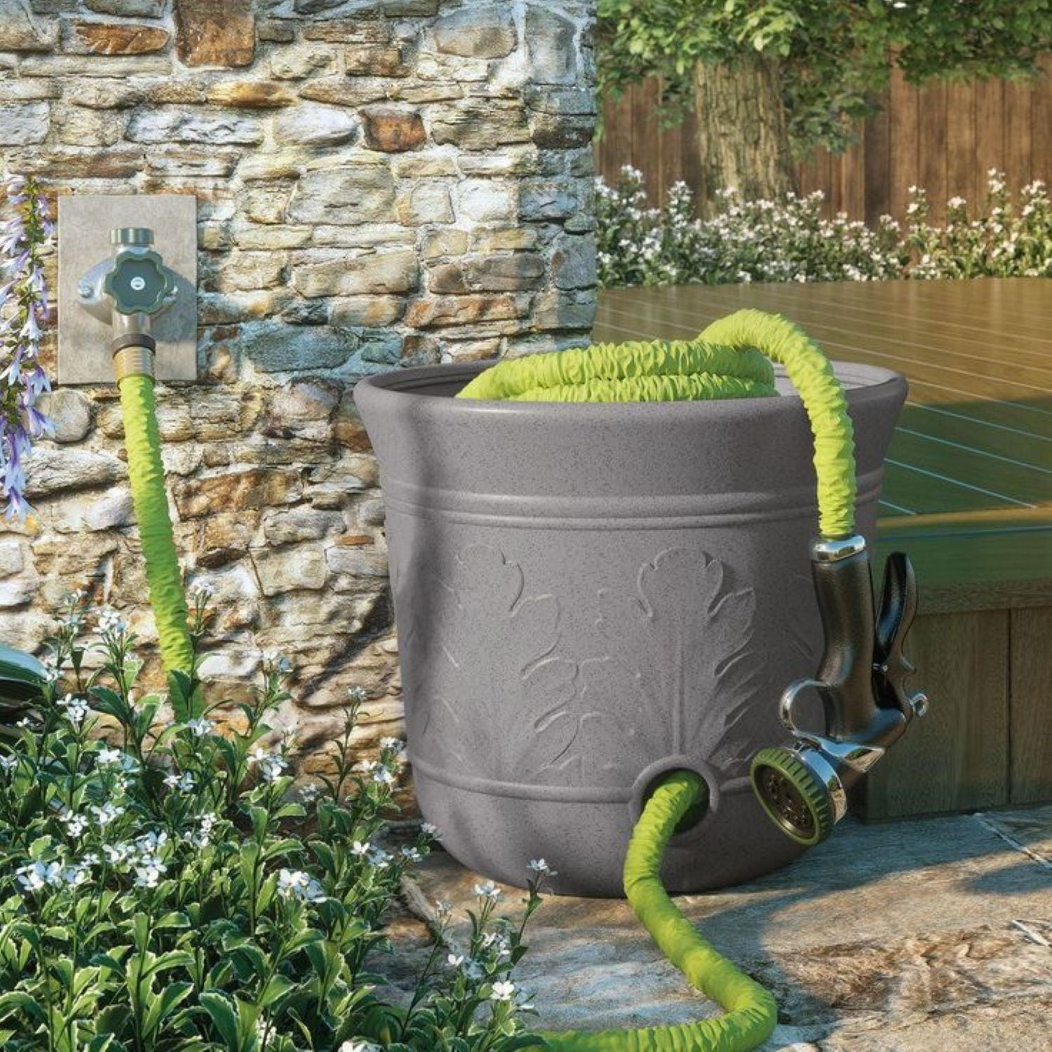 Suncast 300 Foot Heavy Duty 5 Gallon Decorative Garden Hose Pot, Gray Speckle