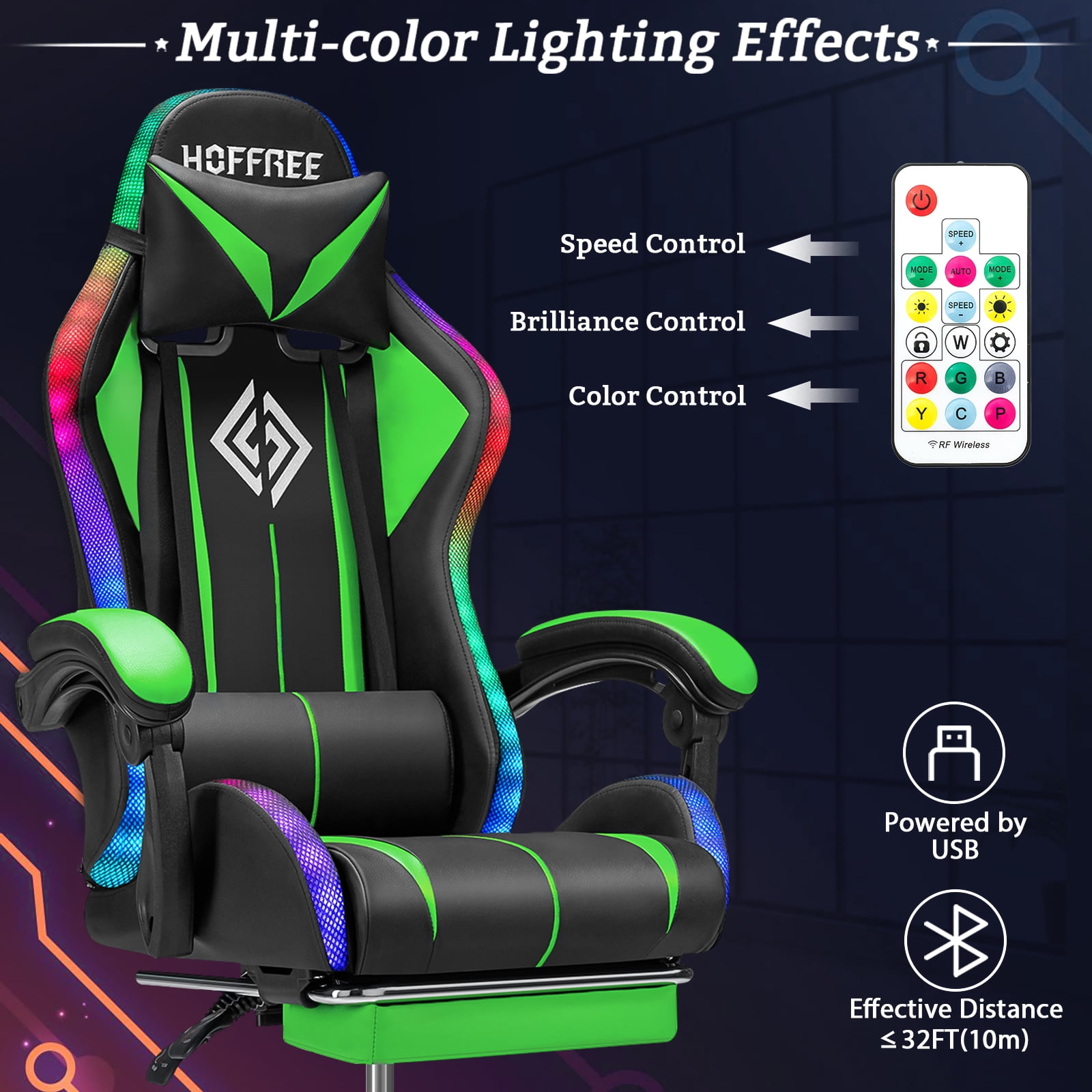 Hoffree Gaming Chair with Bluetooth Speakers and Footrest Massage Office Chair with LED Lights Ergonomic Game Chair High Back with Lumbar Support and Headrest Adjustable Swivel for Adults 300lb