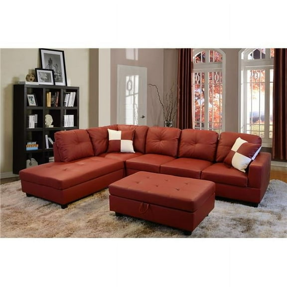 Lifestyle  Left Facing Sectional Sofa Set - Faux Leather, Red - 3 Piece