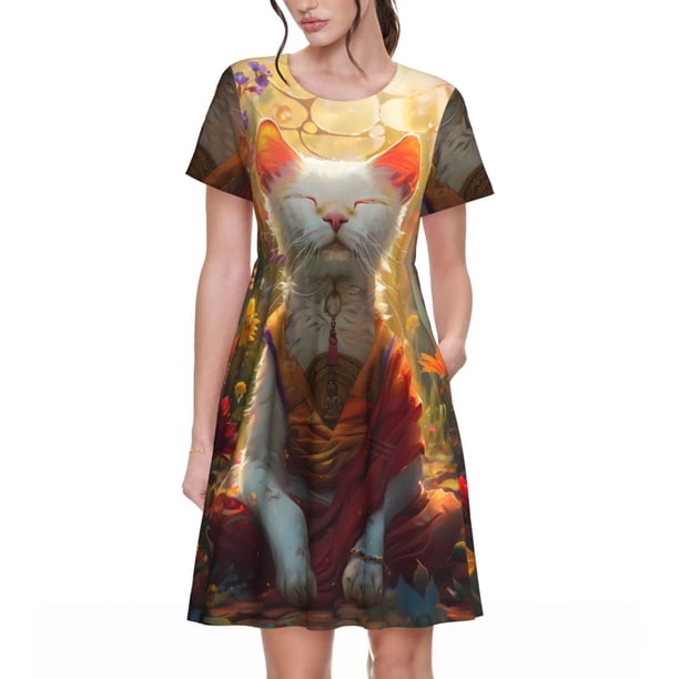 Disketp Sunshine Flower Meditating Cat para Vestido de Manga Corta para Mujeres, Vestidos de Verano para Mujeres, Casual y Holgado para la Playa