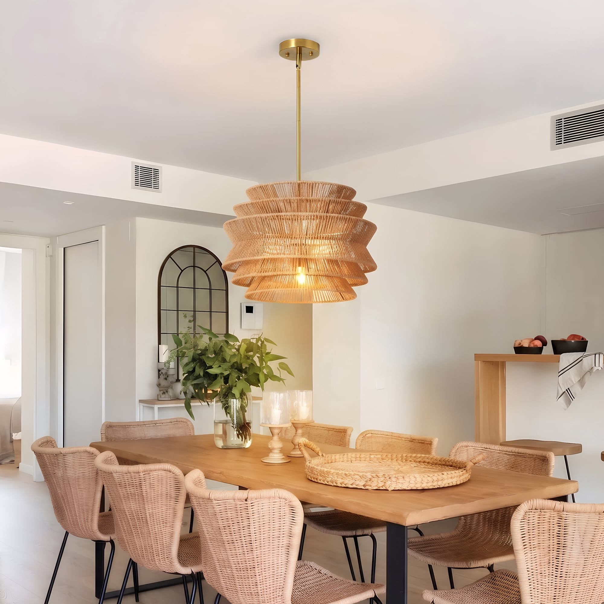Leumius 17.3" Rattan Pendant Light, Hand-Woven Rustic Wicker Hanging Light Seagrass Ceiling Chandelier, Water Plants Rattan Chandelier for Dining Living Bedroom Kitchen