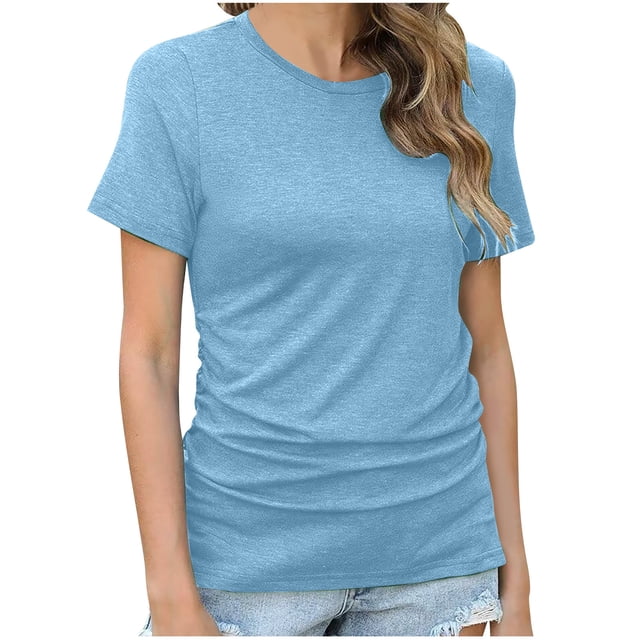 AherBiu Hauts à Manches Courtes pour Femmes Col Rond Froncé Confortable Basique Été Décontracté Haut Ample T-Shirts