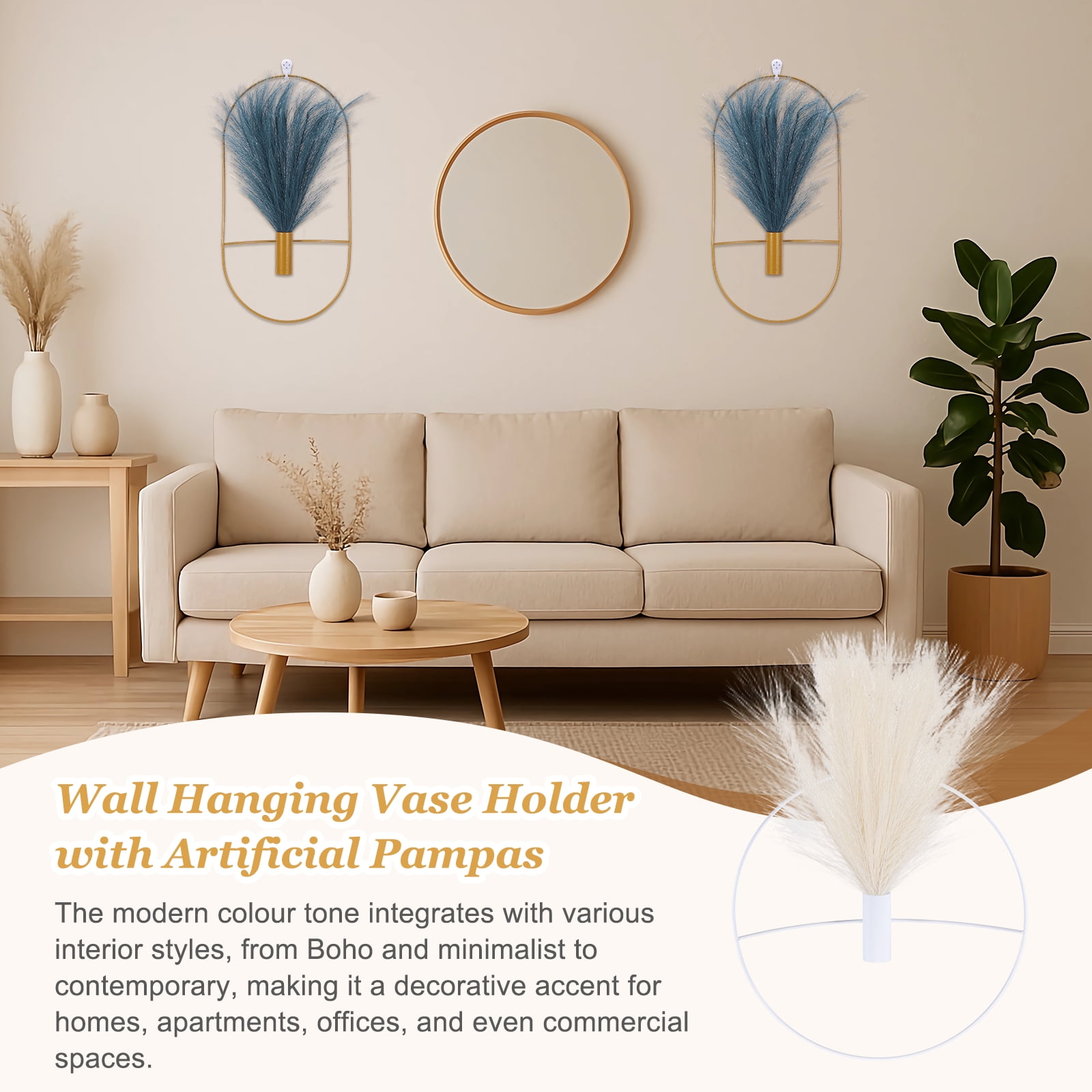 Uxcell 2 Pcs Wall Decor Metal White Wall Art Hanging Planters with Artificial Pampas, Wall-mounted Decor Metal for Display Artwork Plant Hanging Living Room Bedroom, Beige (Round)