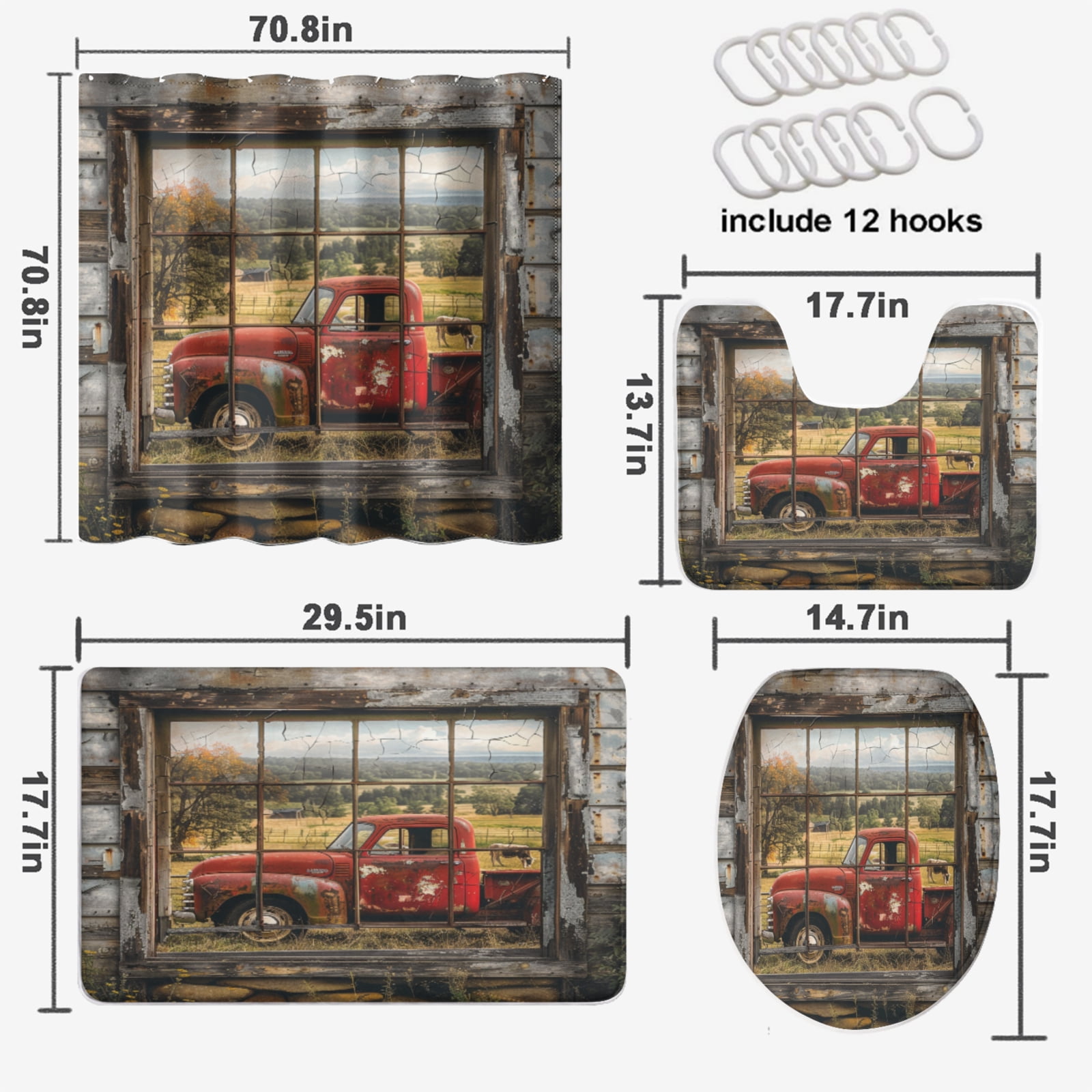 Vintage Red Truck Shower Curtain Sets with Rugs 4 Piece Farmhouse Old Barn Door Retro Country Cow Rustic with 12 Hooks, Bath Mat Set Bathroom Decor by Durable Waterproof Fabric, 72x72 Inch
