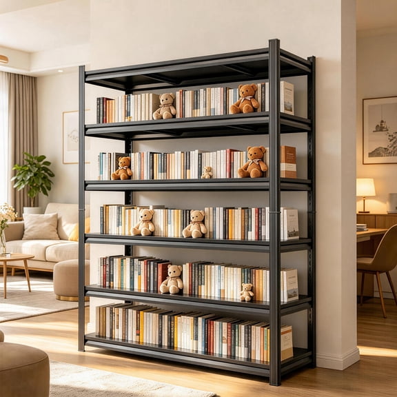 6-Tier Industrial Bookshelf with Storage, Tall Open Shelf Bookcase for Home Office, Living Room & Bedroom, Sturdy Metal Display Shelves, Black, 3000LBS Ideal for Multifunctional Storage Rack, 82"H