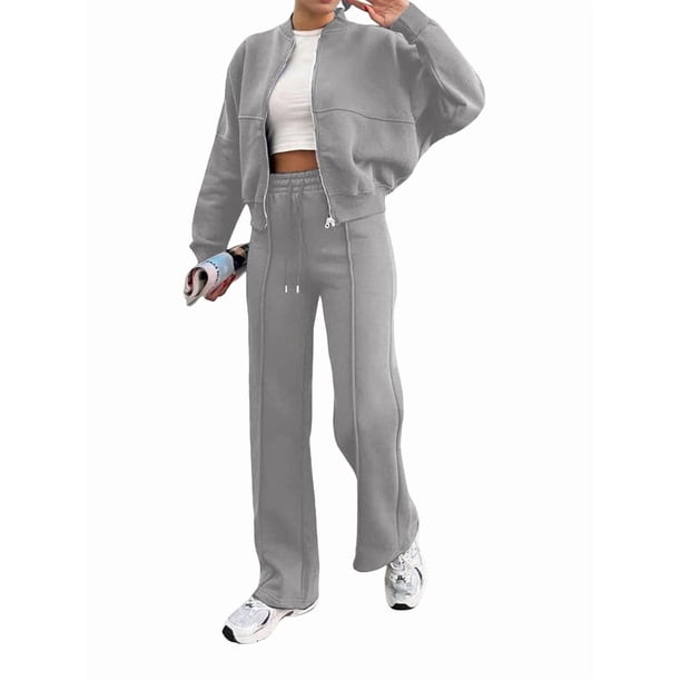 Conjuntos de Salón para Mujer, Conjunto Deportivo de 2 Piezas, Sudadera, Pantalón Deportivo de Pierna , Conjunto Deportivo A Juego Gris L