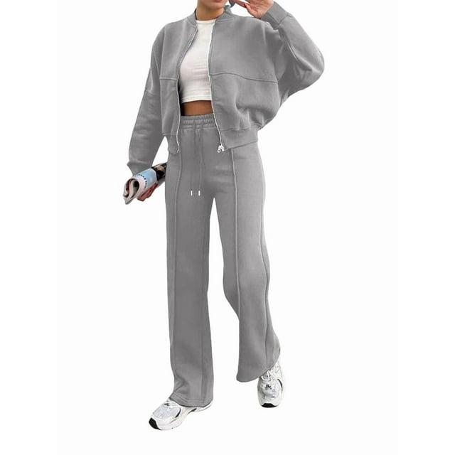 Lounge Sets for Women Sweatsuit 2 Piece Outfits Sweatshirt Wide Leg Sweatpant Tracksuit Matching Set Light Gray S