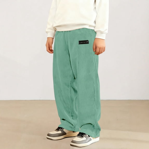 Byoo Teen Boys Casual Corduroy Pants Solid Elastic Waist Loose Fit Trousers for Kids Daily Wear,Green