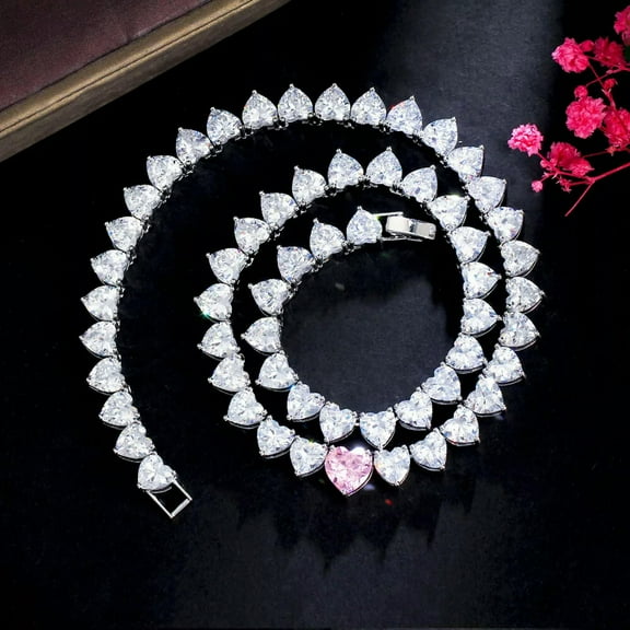 Real Beauty Silver Plated CZ Pink Choker Heart Tennis Necklace for Women Party