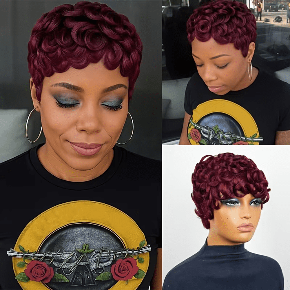 Short Pixie Cut Wig Human Hair Burgundy Color Glueless Pixie Cut Wigs Layered Curly Wavy Full Machine Made Wigs With Bangs for Daily Use