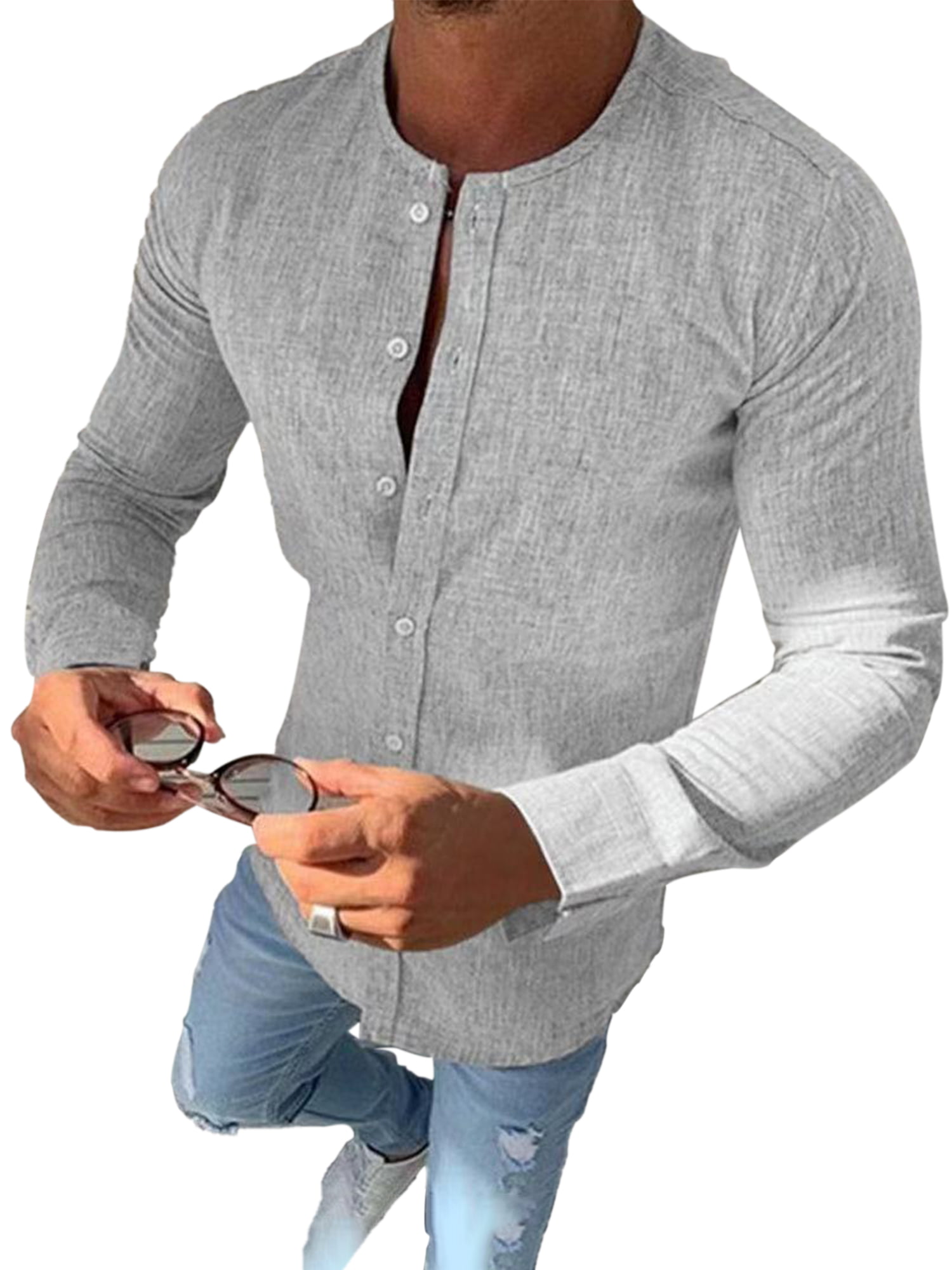 Abetteric Men Solid Colored Linen Long-Sleeve Button Relaxed Shirt Blouse Tops